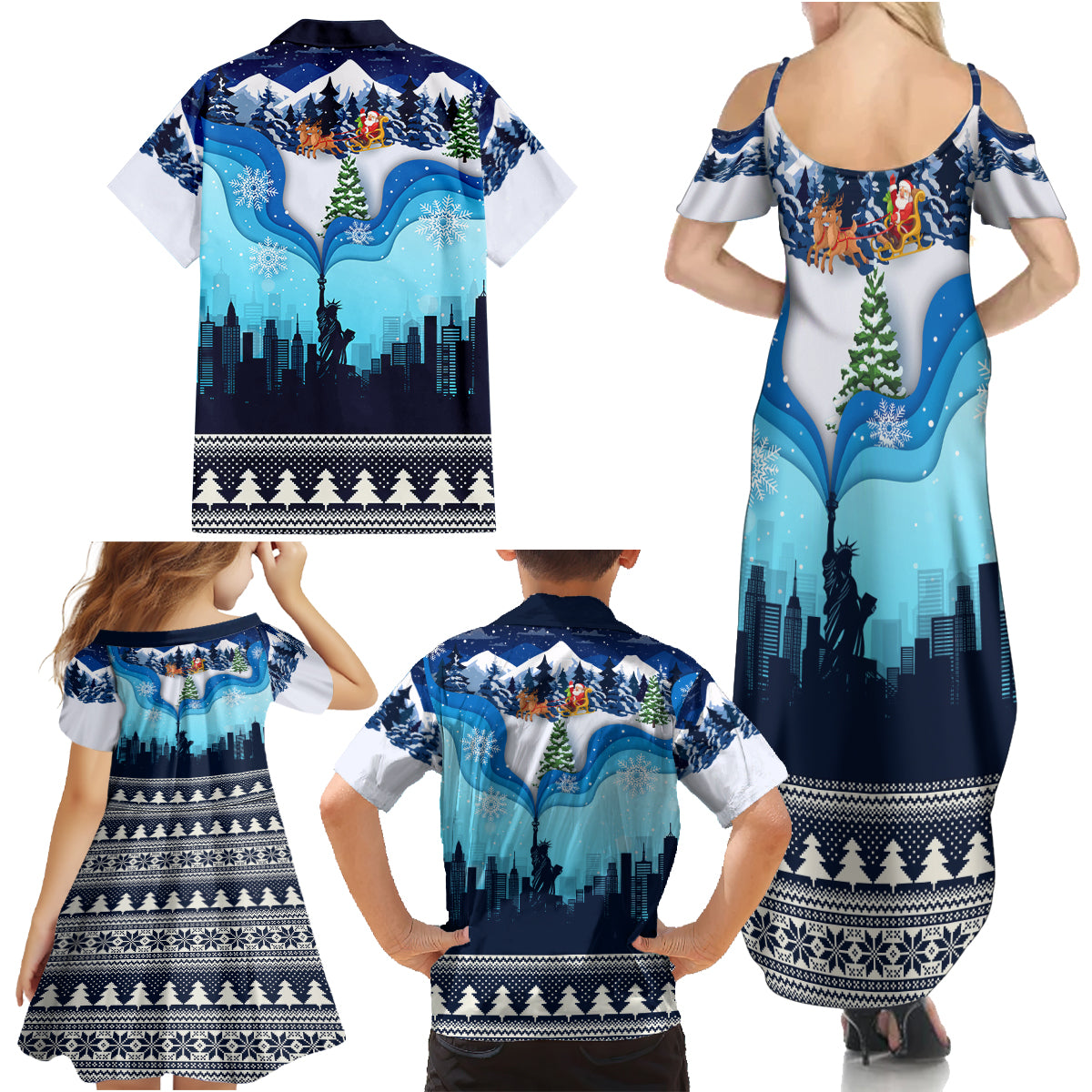 New York Christmas Family Matching Summer Maxi Dress and Hawaiian Shirt Manhattan Statue Of Liberty - Wonder Print Shop