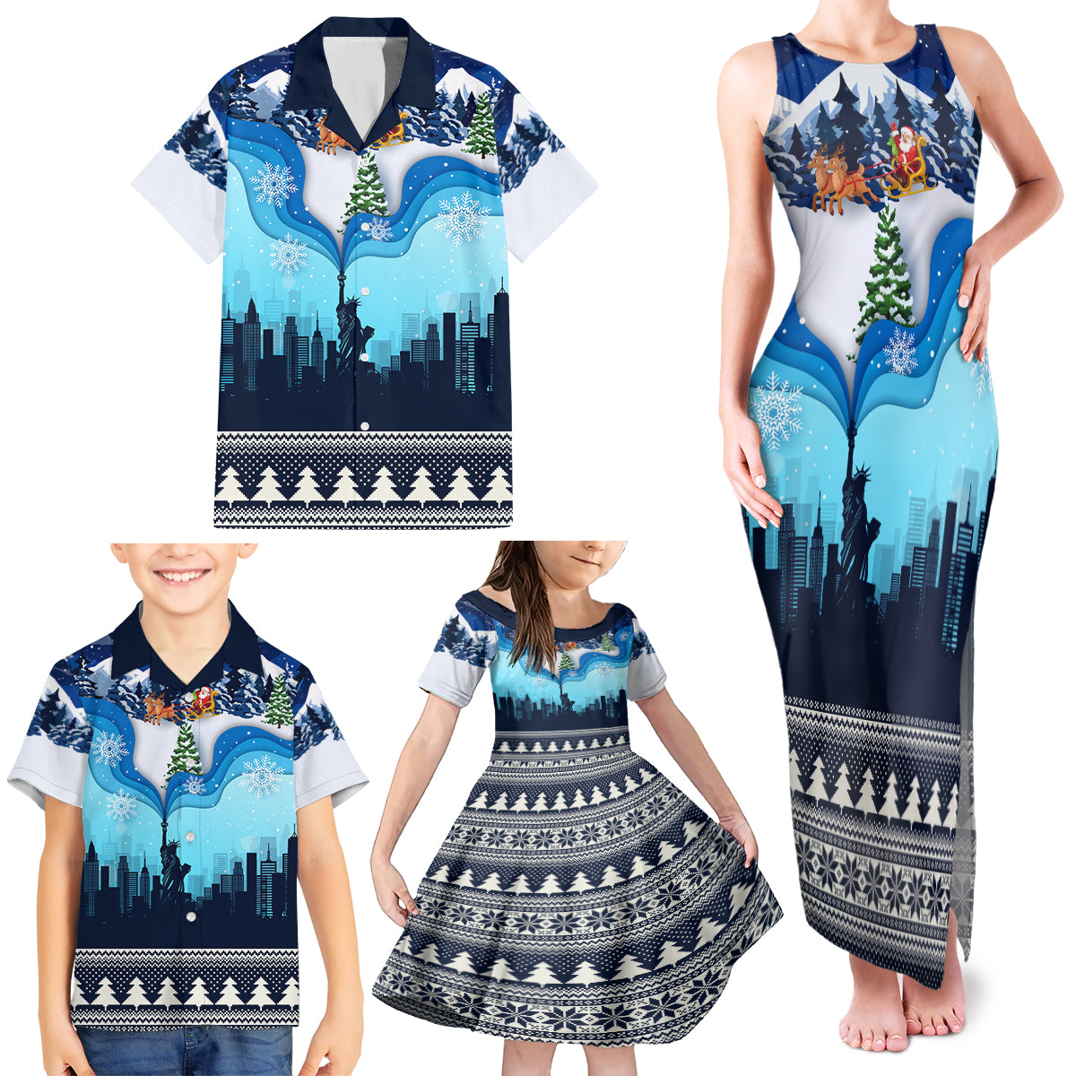 New York Christmas Family Matching Tank Maxi Dress and Hawaiian Shirt Manhattan Statue Of Liberty - Wonder Print Shop
