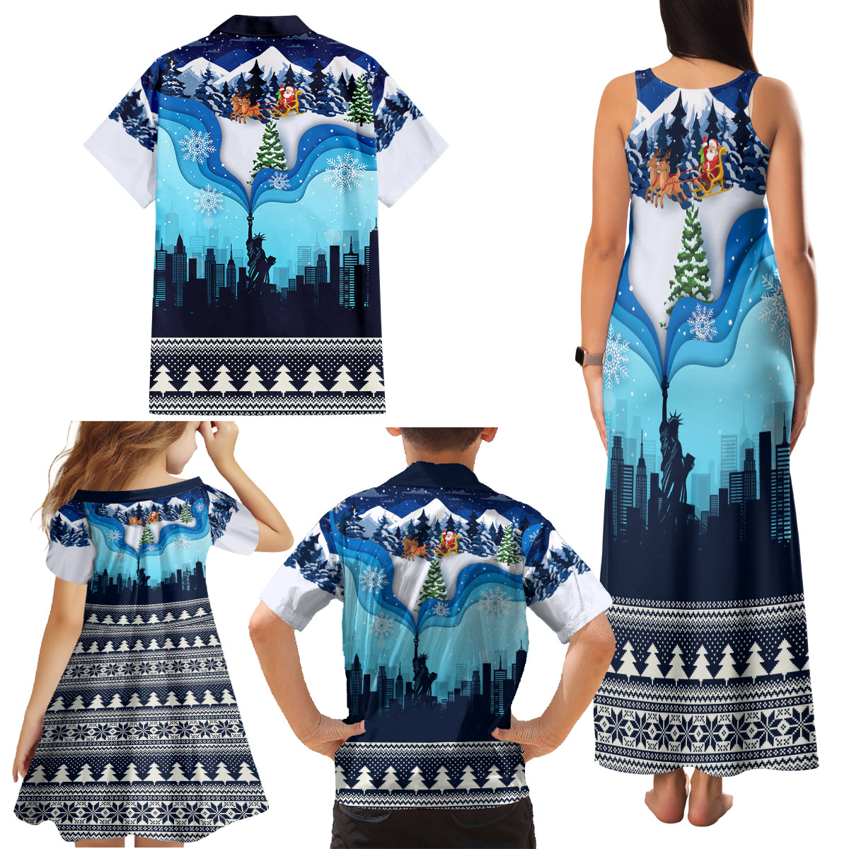 New York Christmas Family Matching Tank Maxi Dress and Hawaiian Shirt Manhattan Statue Of Liberty - Wonder Print Shop