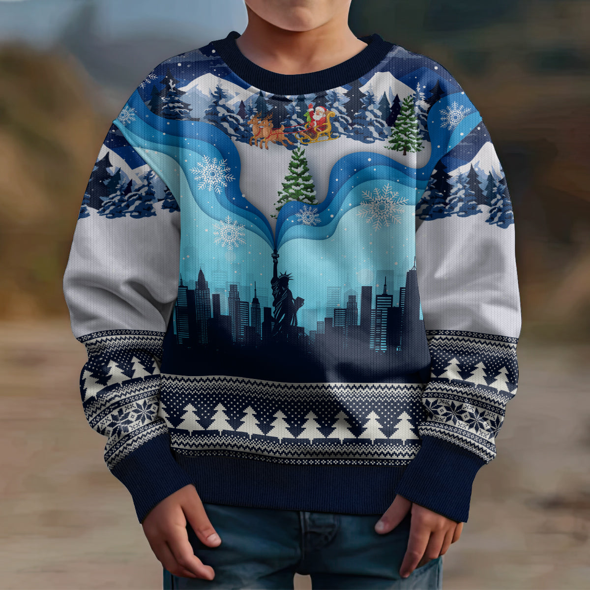 New York Christmas Kid Ugly Christmas Sweater Manhattan Statue Of Liberty - Wonder Print Shop
