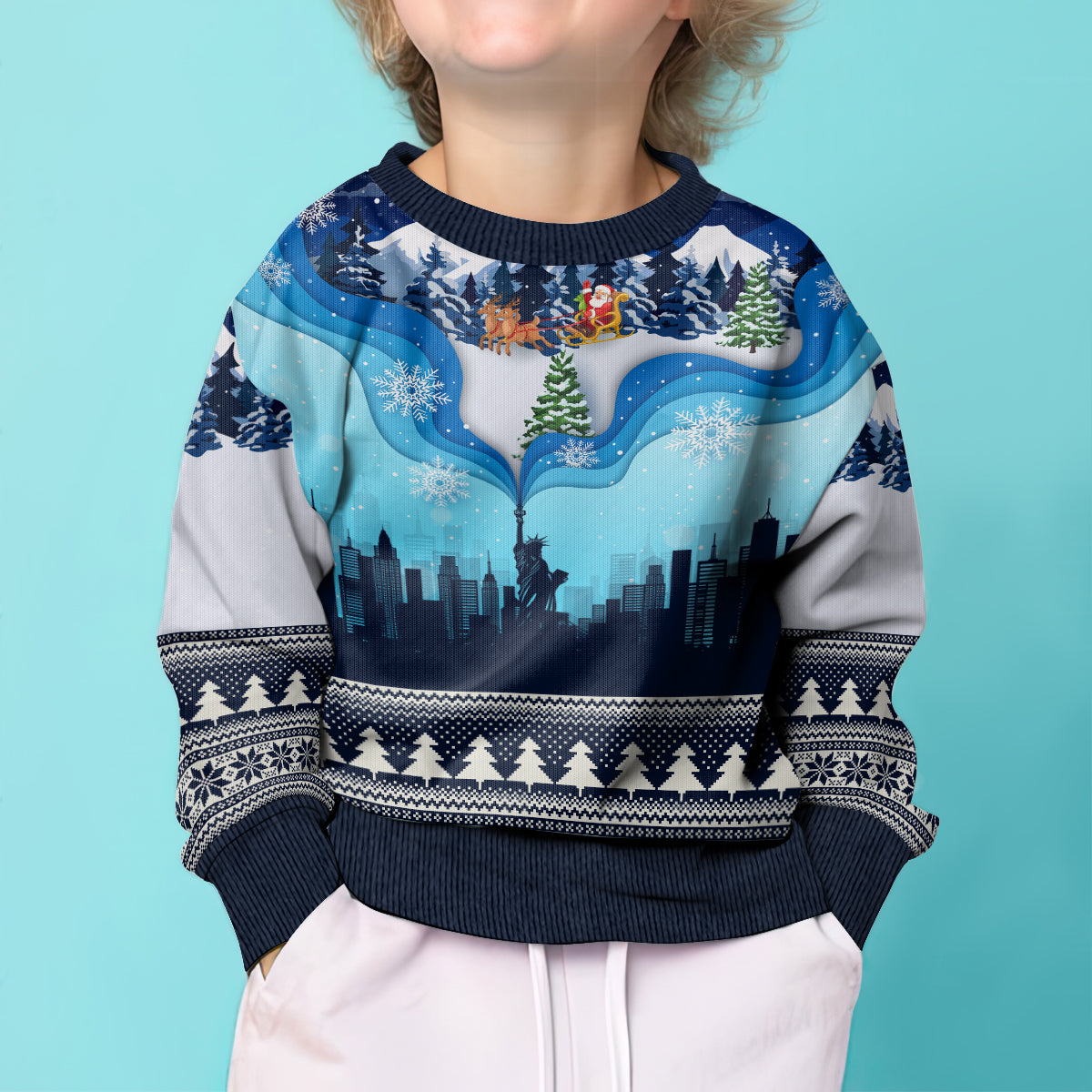 New York Christmas Kid Ugly Christmas Sweater Manhattan Statue Of Liberty - Wonder Print Shop