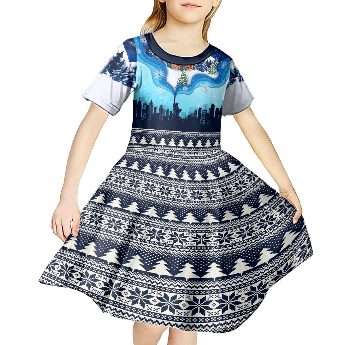 New York Christmas Kid Short Sleeve Dress Manhattan Statue Of Liberty - Wonder Print Shop