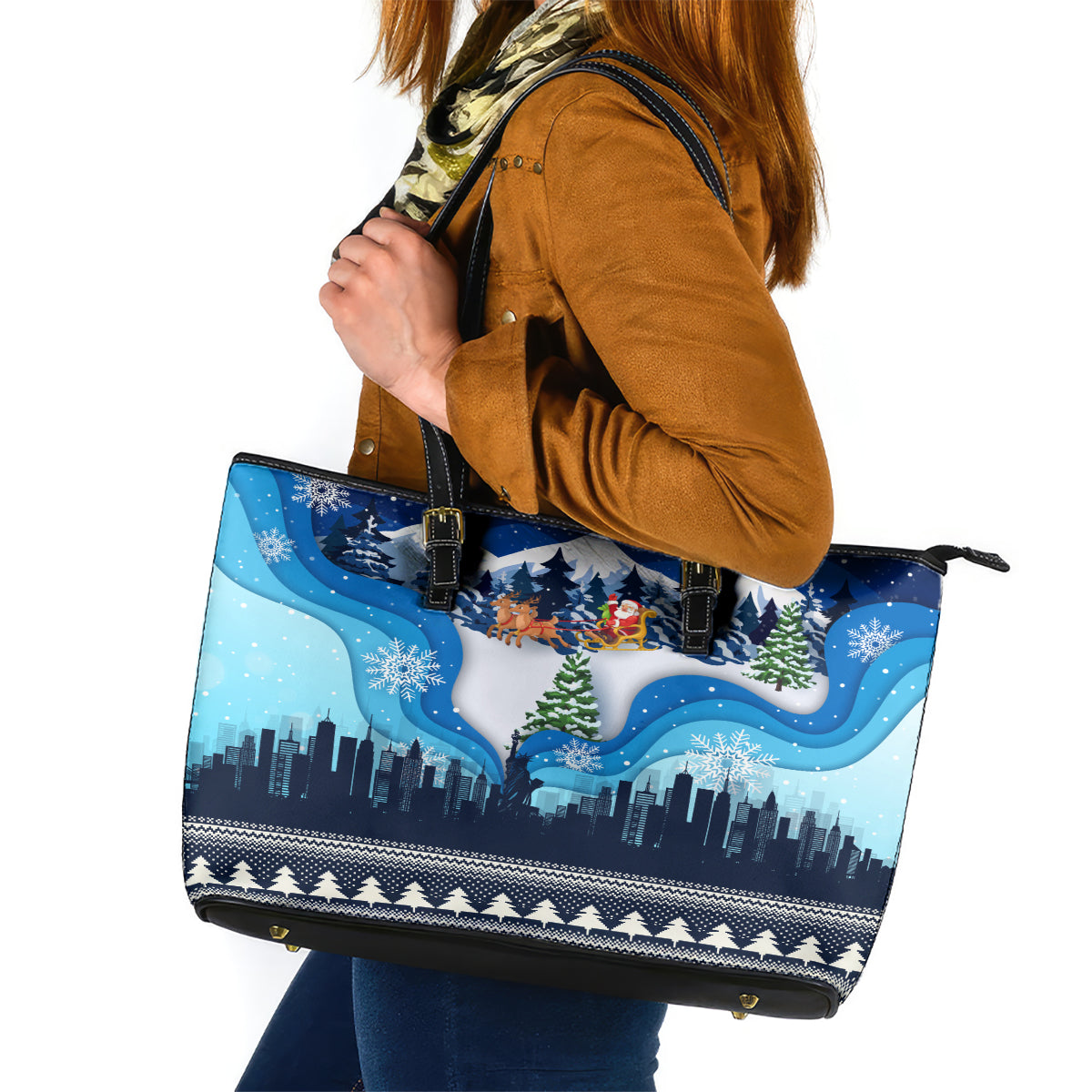 New York Christmas Leather Tote Bag Manhattan Statue Of Liberty - Wonder Print Shop