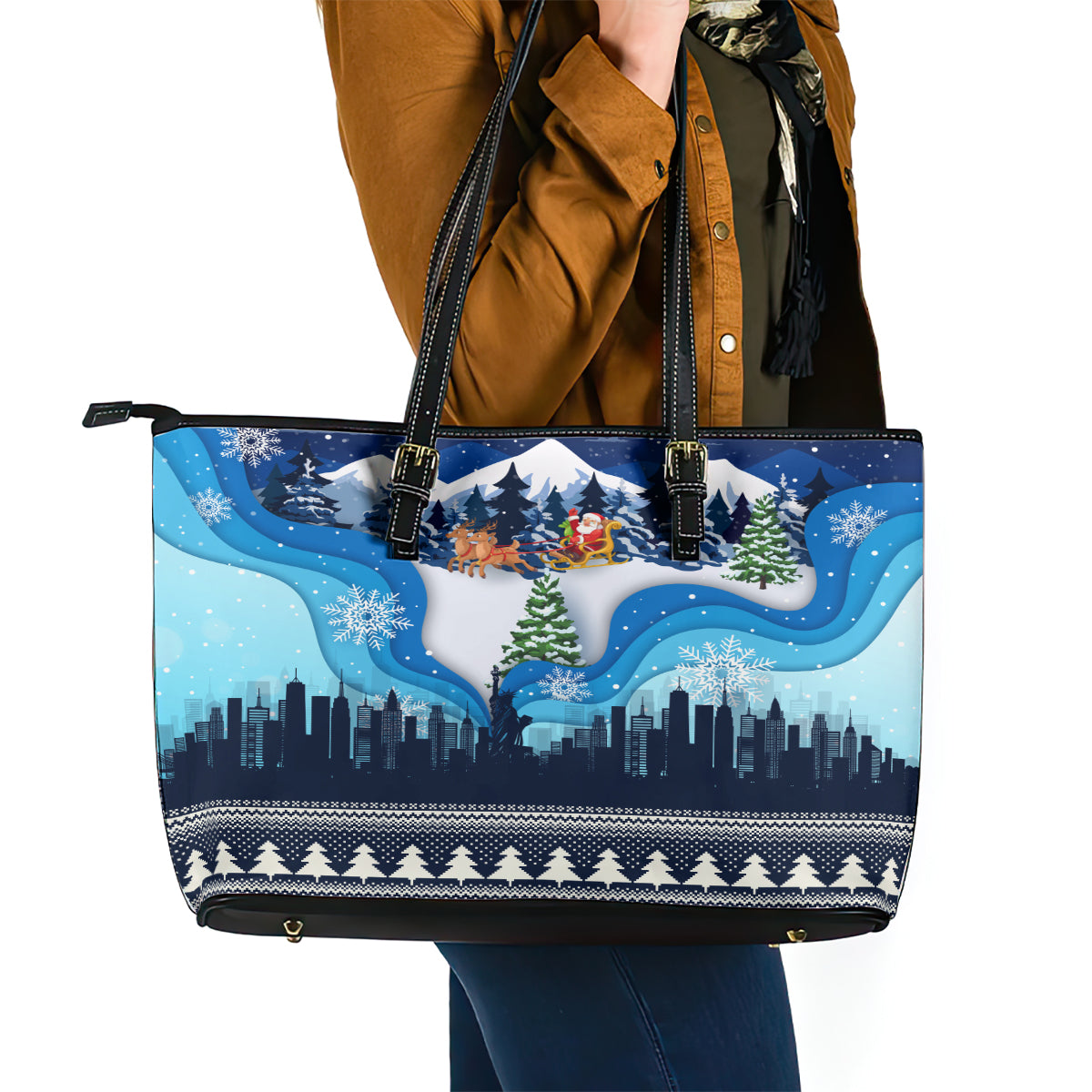 New York Christmas Leather Tote Bag Manhattan Statue Of Liberty - Wonder Print Shop