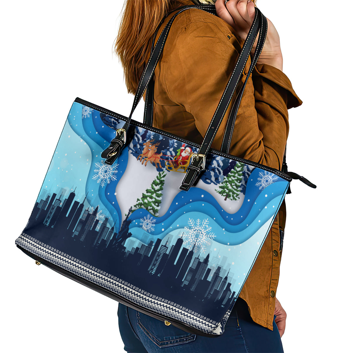 New York Christmas Leather Tote Bag Manhattan Statue Of Liberty - Wonder Print Shop