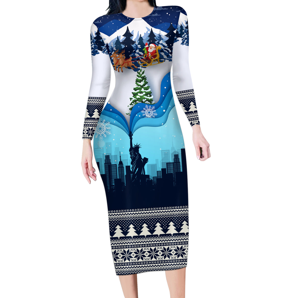 New York Christmas Long Sleeve Bodycon Dress Manhattan Statue Of Liberty - Wonder Print Shop