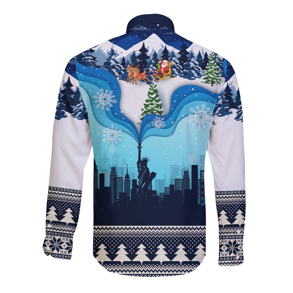 New York Christmas Long Sleeve Button Shirt Manhattan Statue Of Liberty - Wonder Print Shop