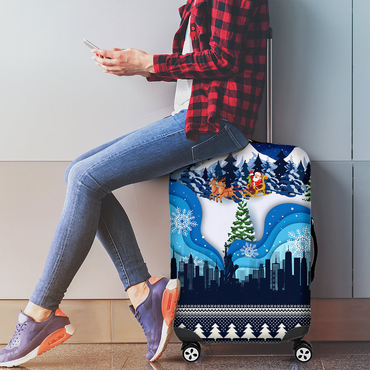 New York Christmas Luggage Cover Manhattan Statue Of Liberty - Wonder Print Shop