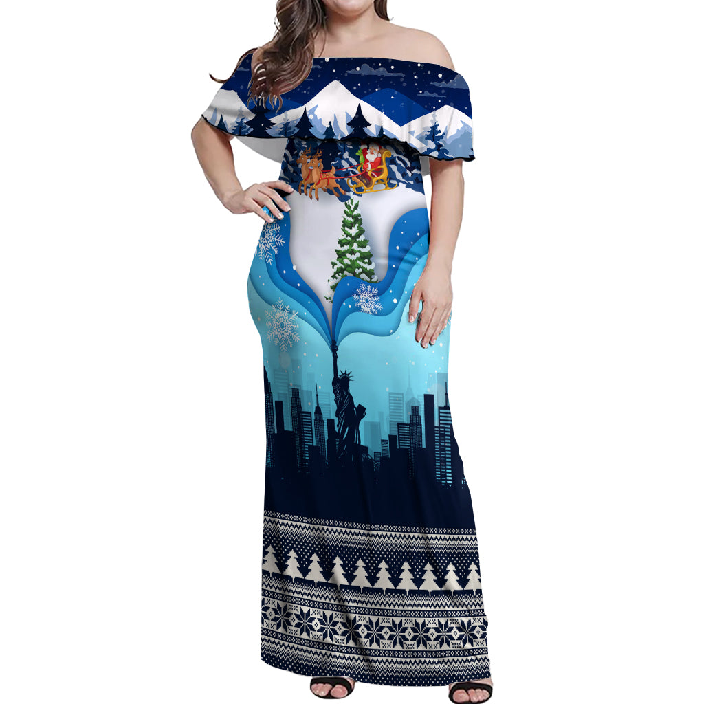 New York Christmas Off Shoulder Maxi Dress Manhattan Statue Of Liberty - Wonder Print Shop