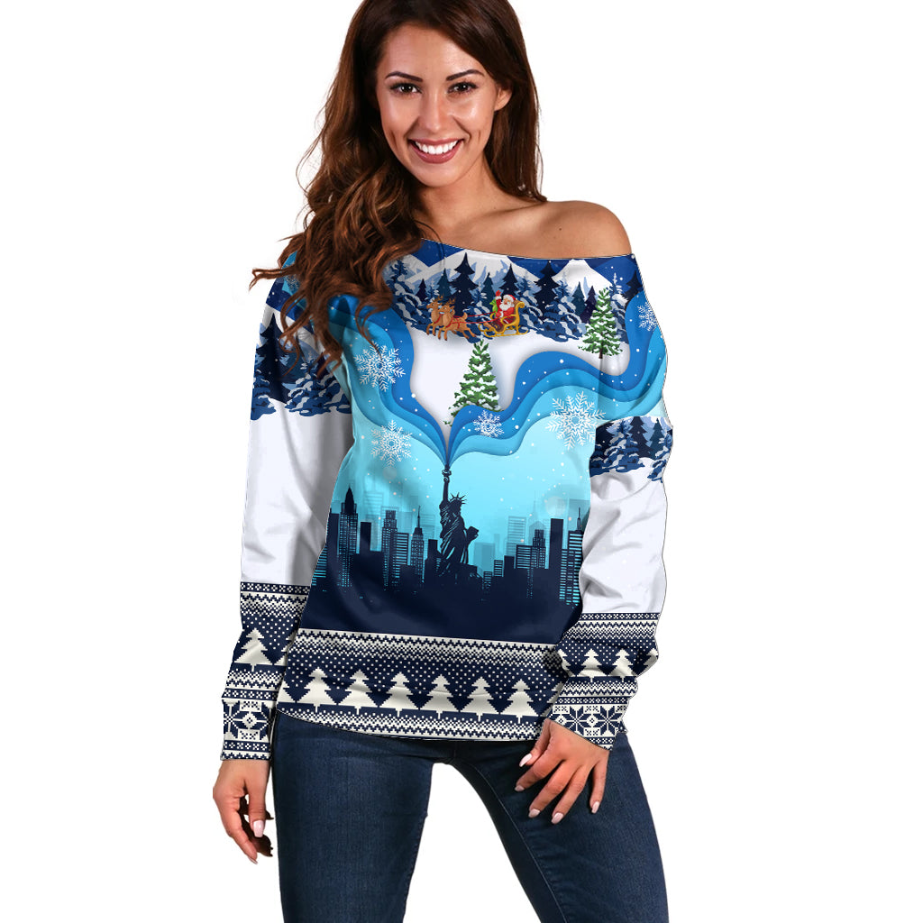 New York Christmas Off Shoulder Sweater Manhattan Statue Of Liberty - Wonder Print Shop
