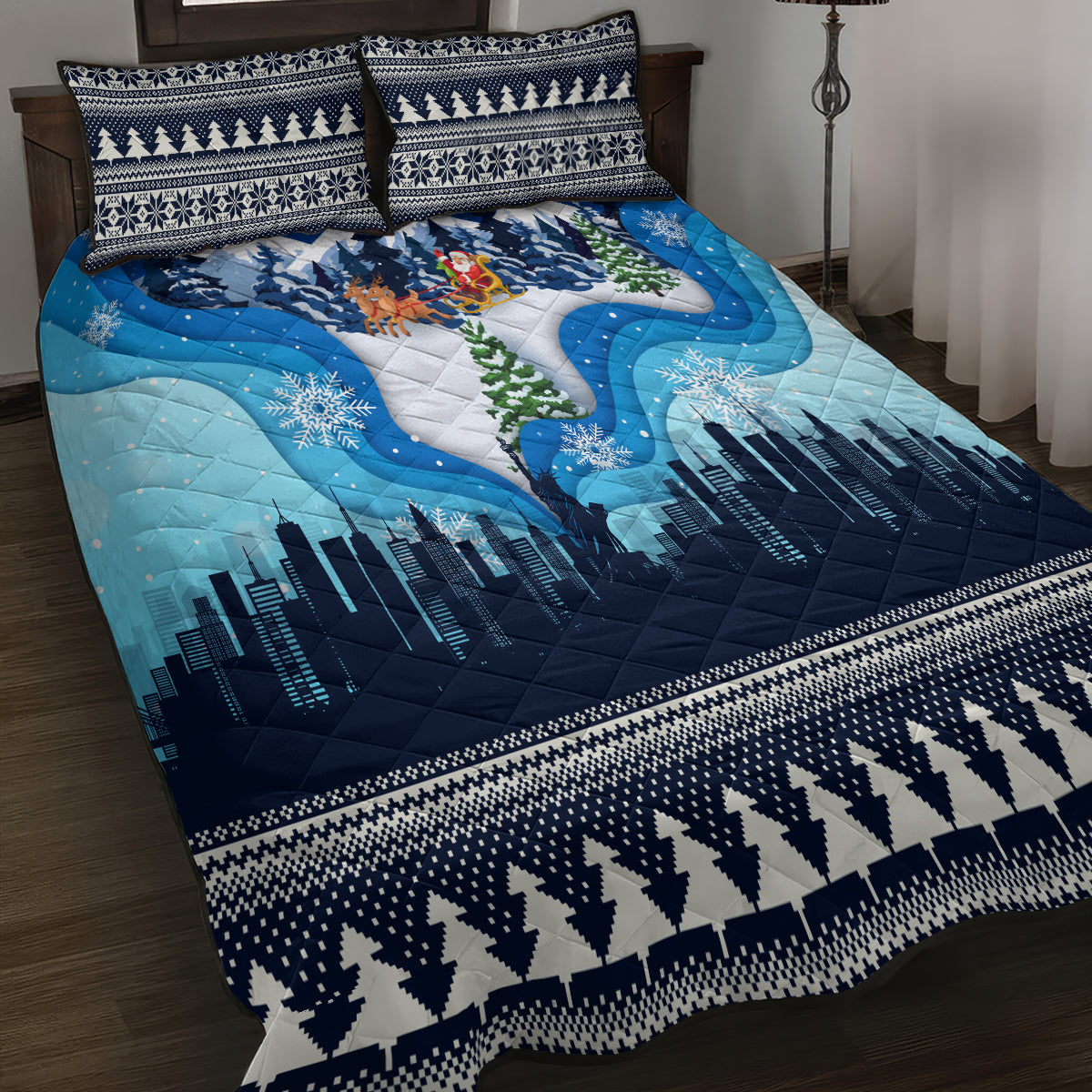 New York Christmas Quilt Bed Set Manhattan Statue Of Liberty - Wonder Print Shop