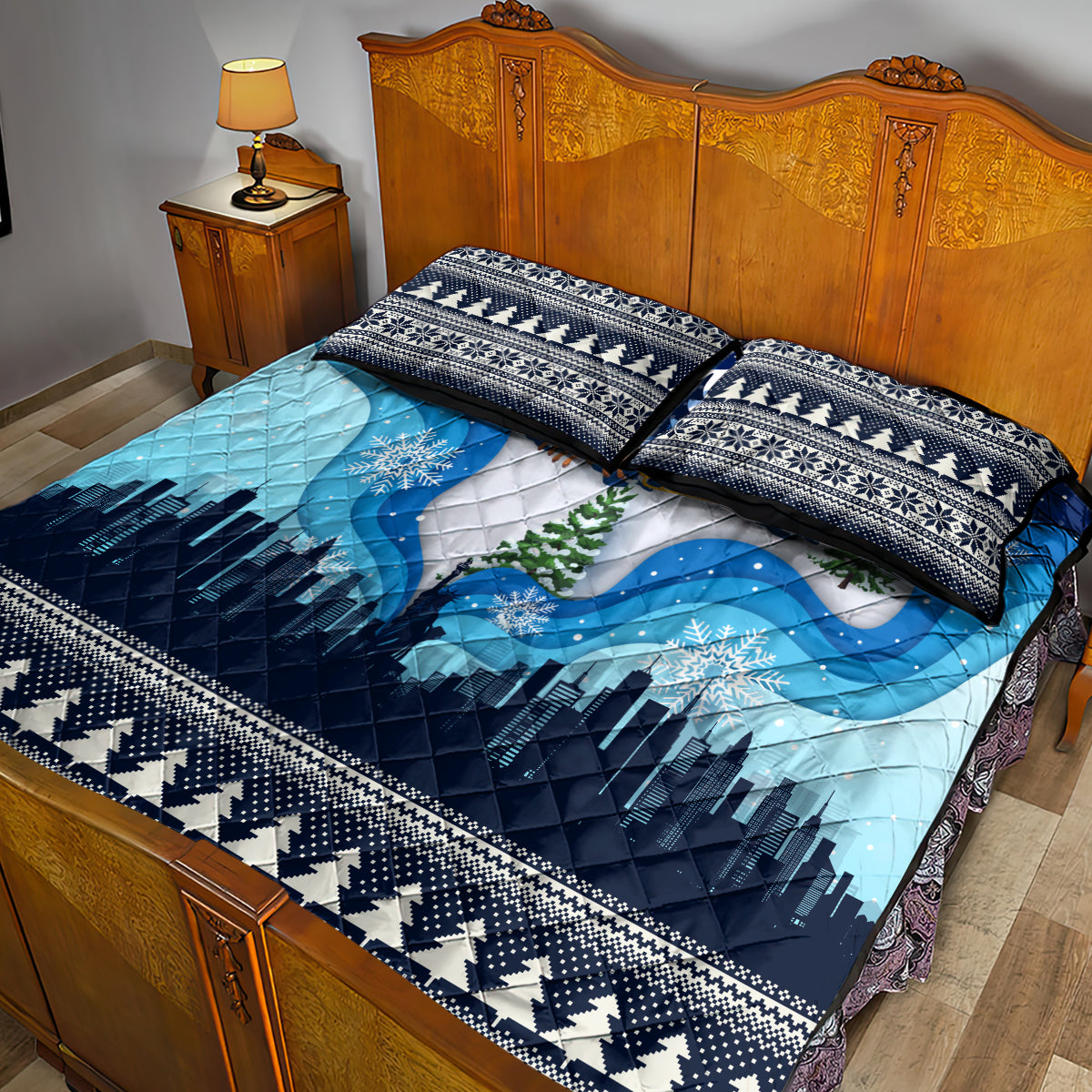 New York Christmas Quilt Bed Set Manhattan Statue Of Liberty - Wonder Print Shop
