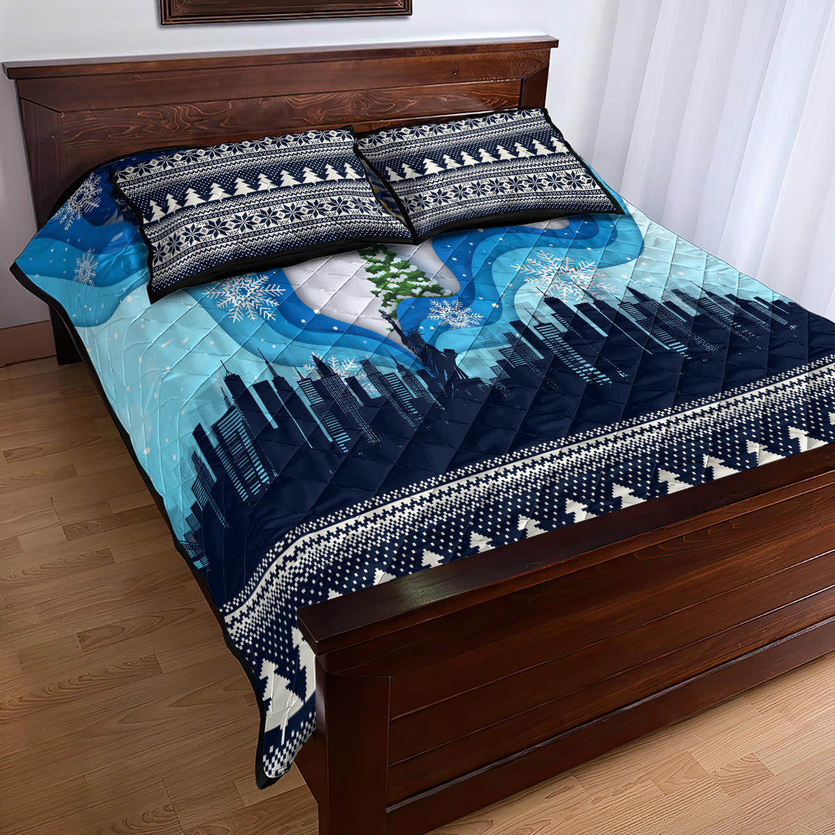 New York Christmas Quilt Bed Set Manhattan Statue Of Liberty - Wonder Print Shop