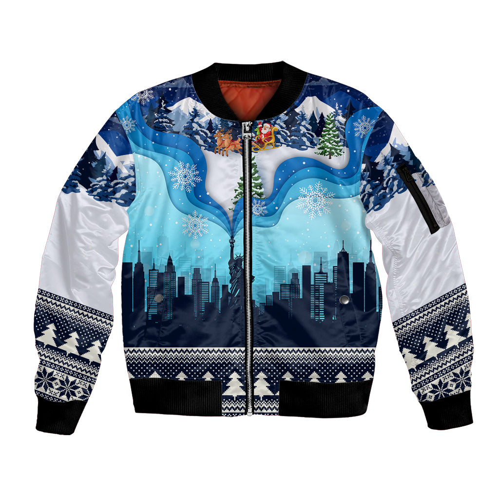 New York Christmas Sleeve Zip Bomber Jacket Manhattan Statue Of Liberty - Wonder Print Shop