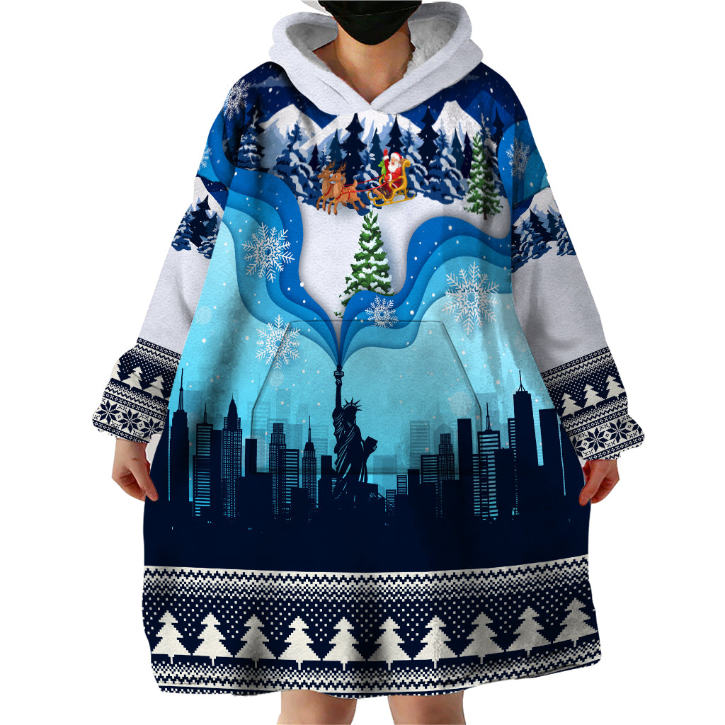 New York Christmas Wearable Blanket Hoodie Manhattan Statue Of Liberty - Wonder Print Shop