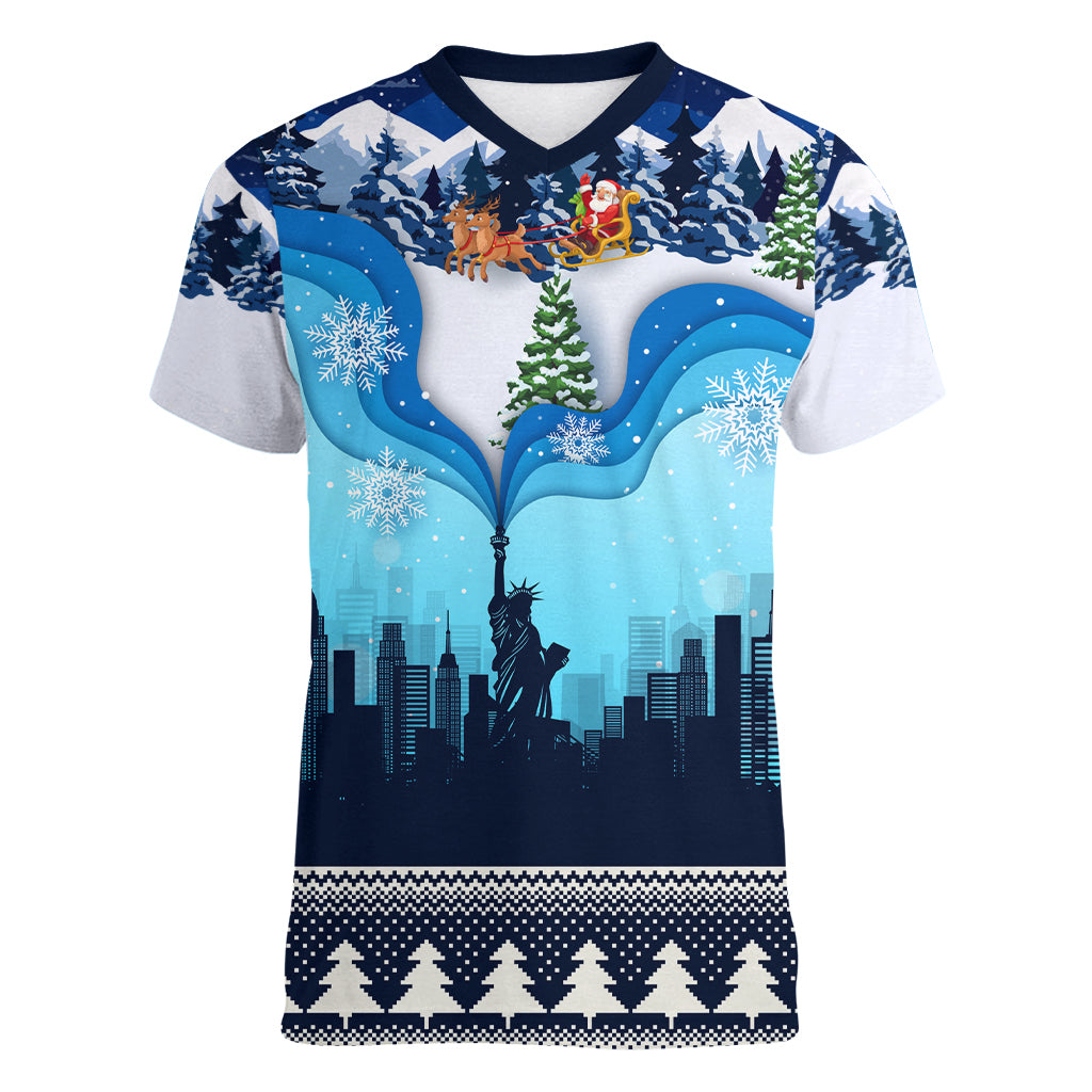 New York Christmas Women V Neck T Shirt Manhattan Statue Of Liberty - Wonder Print Shop