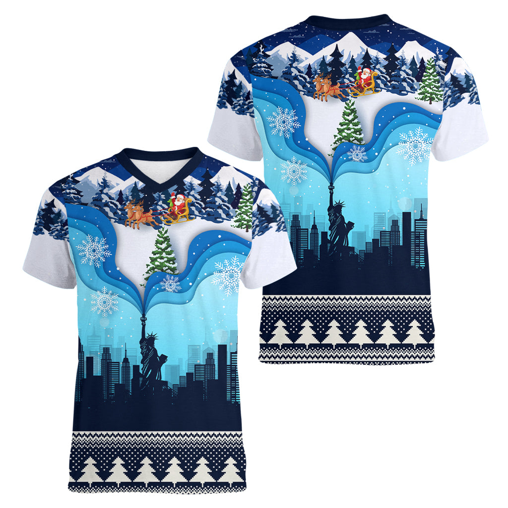 New York Christmas Women V Neck T Shirt Manhattan Statue Of Liberty - Wonder Print Shop