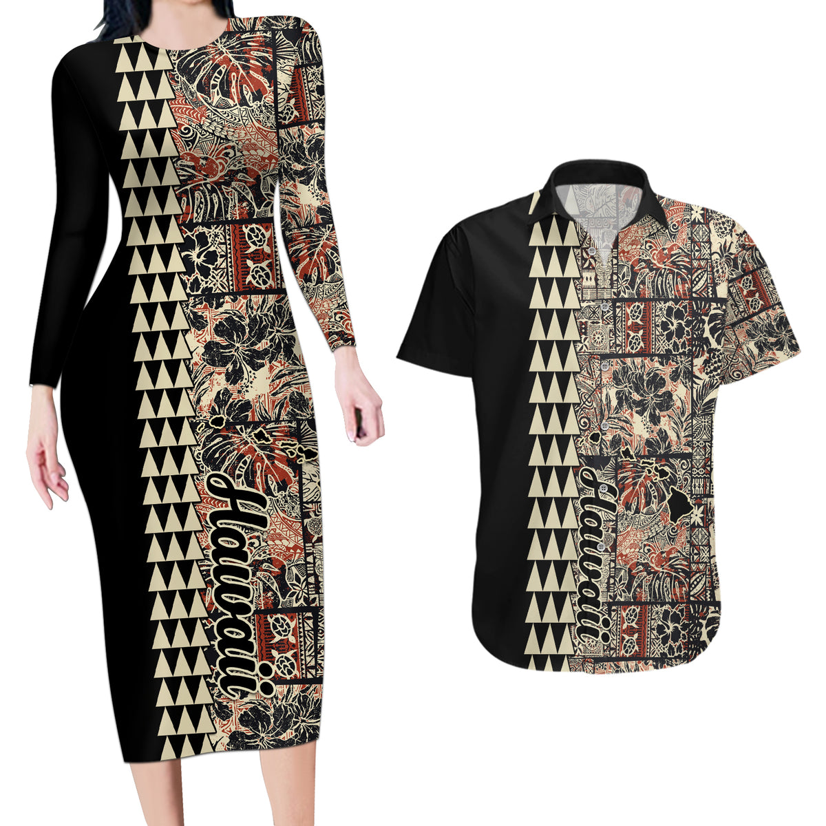 Hawaiian Quilt Couples Matching Long Sleeve Bodycon Dress and Hawaiian Shirt Hibiscus Kakau Vintage Style - Wonder Print Shop