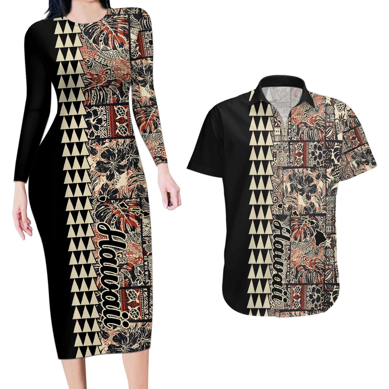 Hawaiian Quilt Couples Matching Long Sleeve Bodycon Dress and Hawaiian Shirt Hibiscus Kakau Vintage Style - Wonder Print Shop