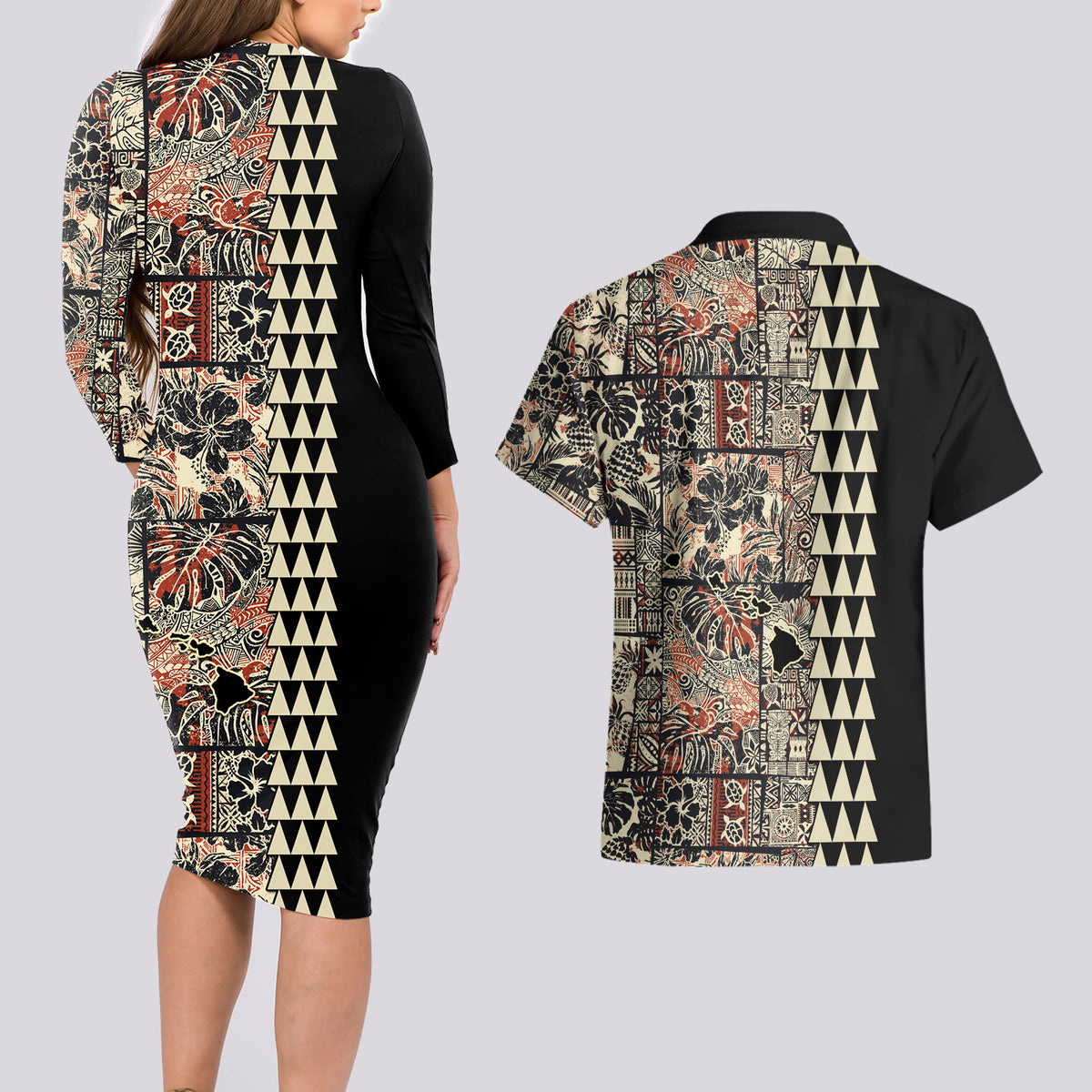 Hawaiian Quilt Couples Matching Long Sleeve Bodycon Dress and Hawaiian Shirt Hibiscus Kakau Vintage Style - Wonder Print Shop