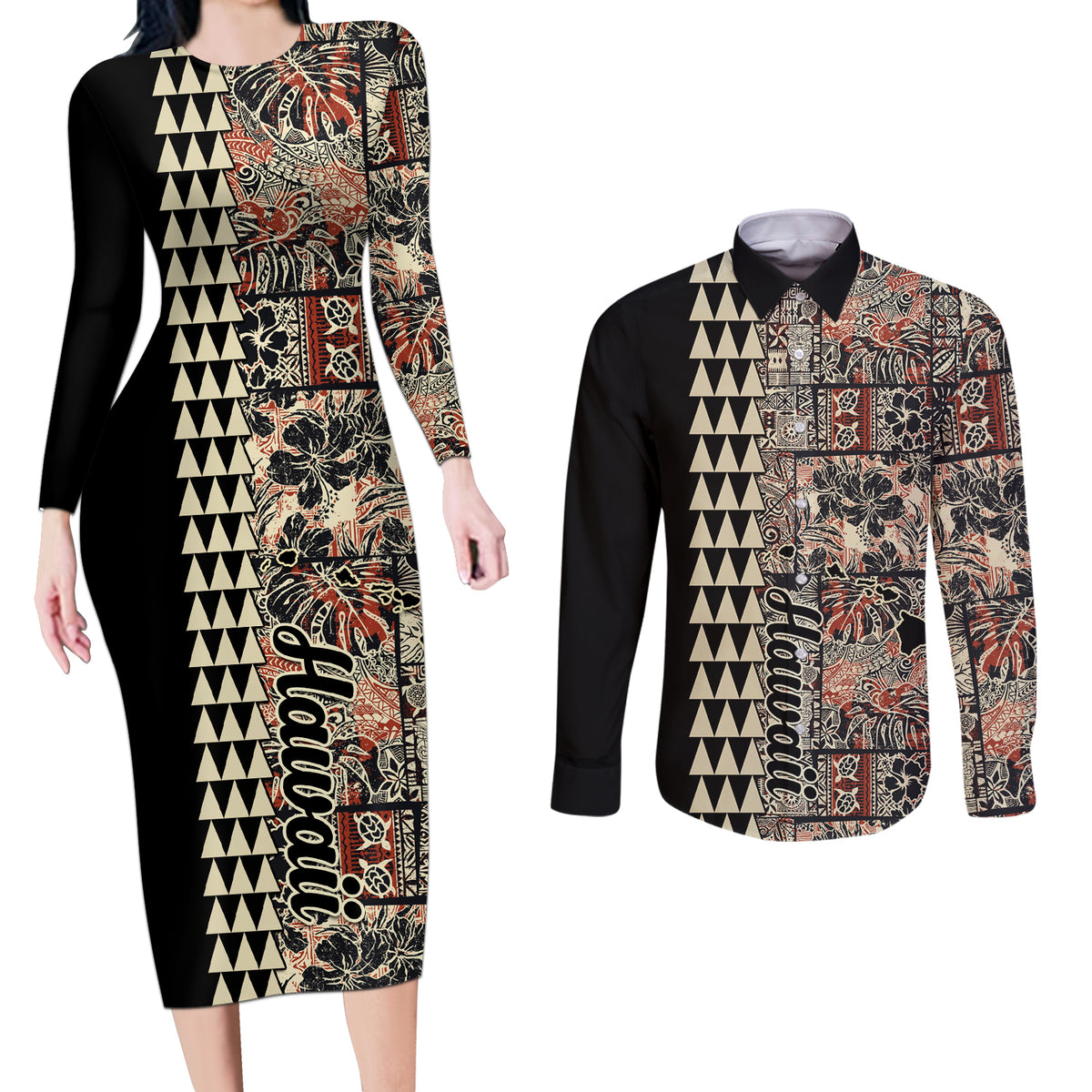 Hawaiian Quilt Couples Matching Long Sleeve Bodycon Dress and Long Sleeve Button Shirt Hibiscus Kakau Vintage Style - Wonder Print Shop
