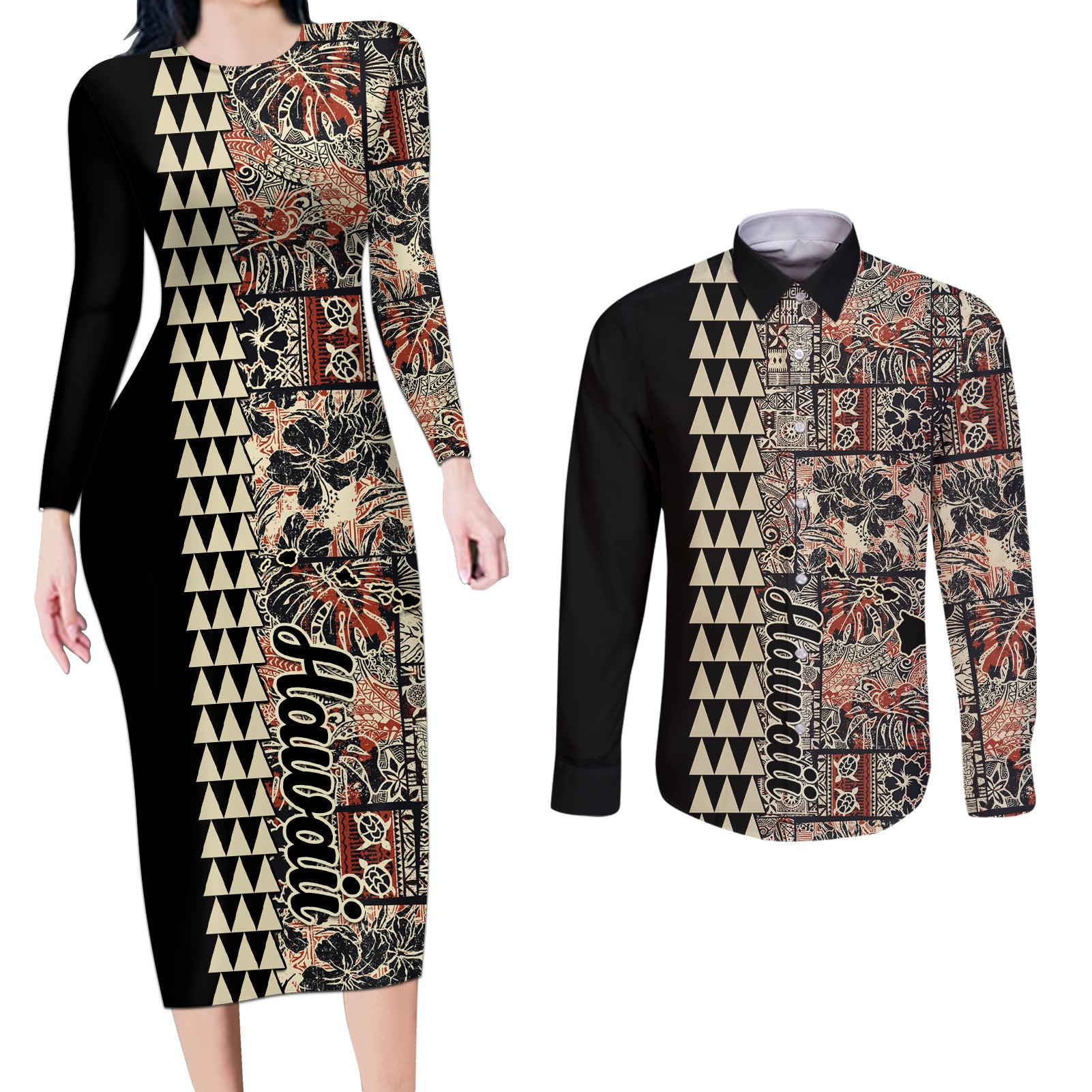 Hawaiian Quilt Couples Matching Long Sleeve Bodycon Dress and Long Sleeve Button Shirt Hibiscus Kakau Vintage Style - Wonder Print Shop