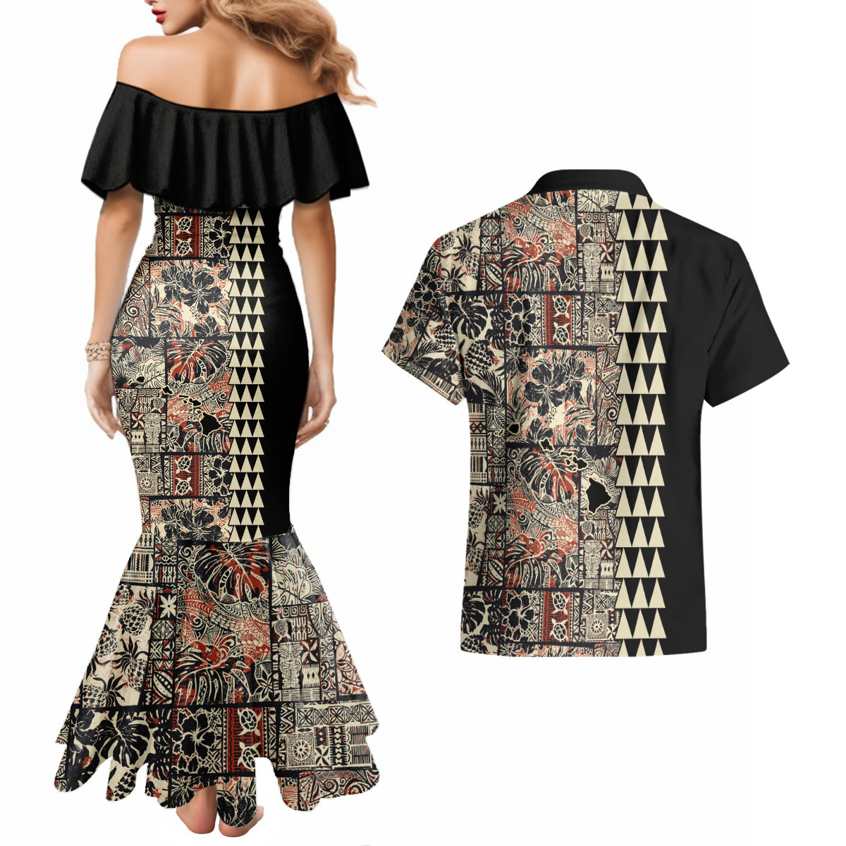 Hawaiian Quilt Couples Matching Mermaid Dress and Hawaiian Shirt Hibiscus Kakau Vintage Style - Wonder Print Shop