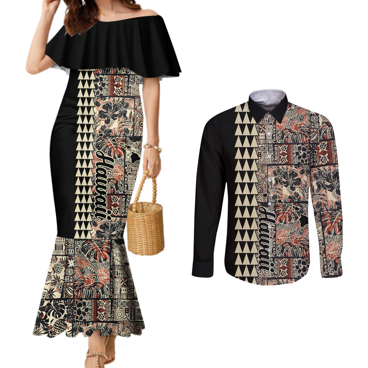 hawaiian-quilt-couples-matching-mermaid-dress-and-long-sleeve-button-shirt-hibiscus-kakau-vintage-style