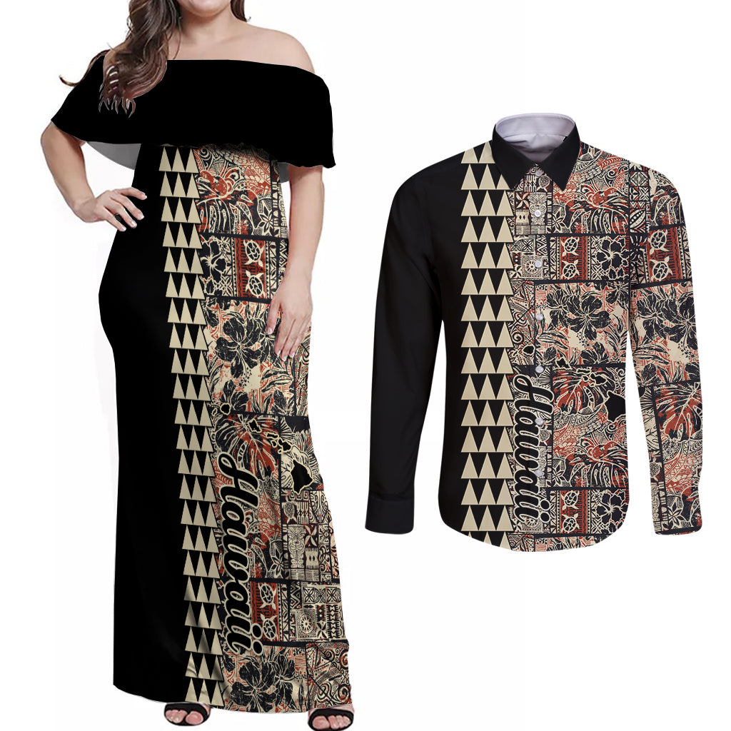 Hawaiian Quilt Couples Matching Off Shoulder Maxi Dress and Long Sleeve Button Shirt Hibiscus Kakau Vintage Style - Wonder Print Shop