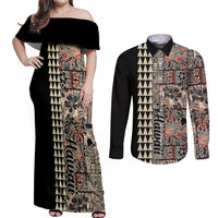 Hawaiian Quilt Couples Matching Off Shoulder Maxi Dress and Long Sleeve Button Shirt Hibiscus Kakau Vintage Style - Wonder Print Shop