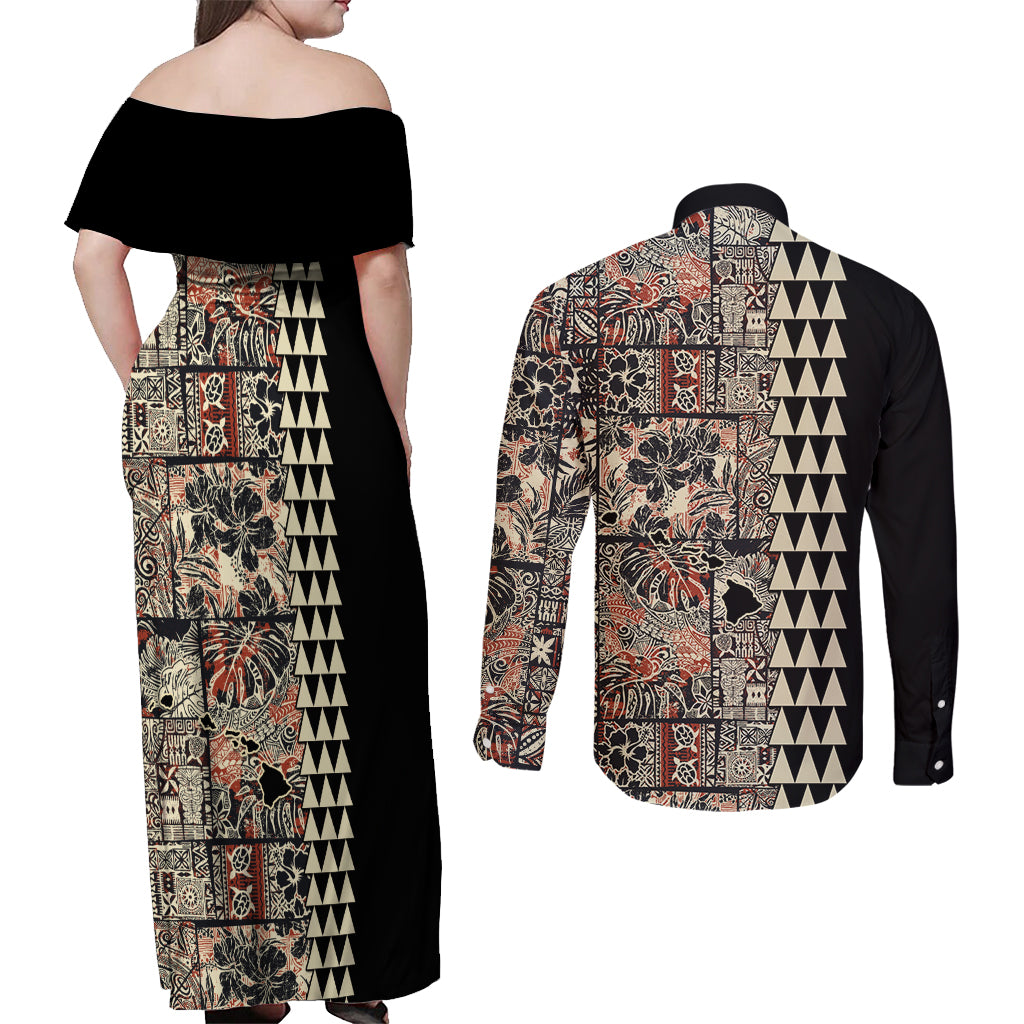 Hawaiian Quilt Couples Matching Off Shoulder Maxi Dress and Long Sleeve Button Shirt Hibiscus Kakau Vintage Style - Wonder Print Shop