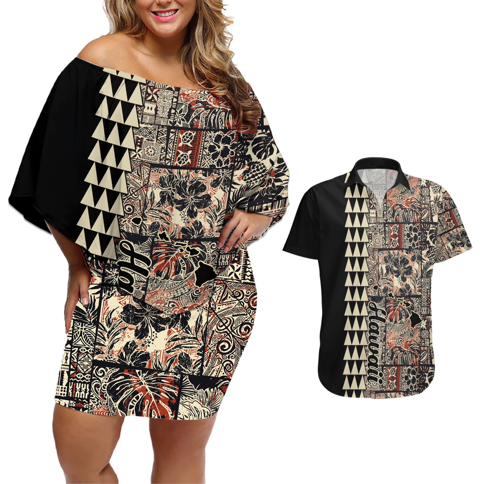 Hawaiian Quilt Couples Matching Off Shoulder Short Dress and Hawaiian Shirt Hibiscus Kakau Vintage Style - Wonder Print Shop