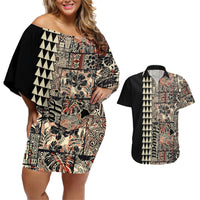 Hawaiian Quilt Couples Matching Off Shoulder Short Dress and Hawaiian Shirt Hibiscus Kakau Vintage Style - Wonder Print Shop