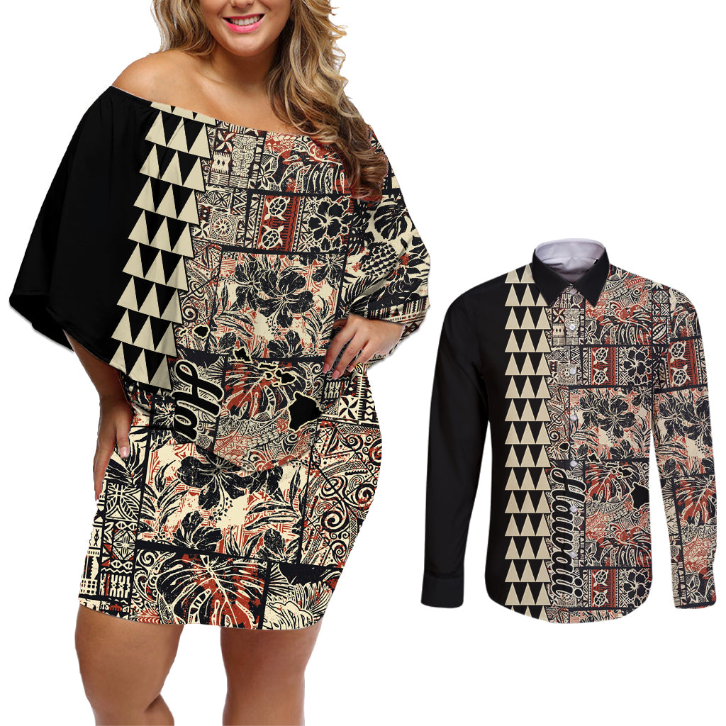 Hawaiian Quilt Couples Matching Off Shoulder Short Dress and Long Sleeve Button Shirt Hibiscus Kakau Vintage Style - Wonder Print Shop