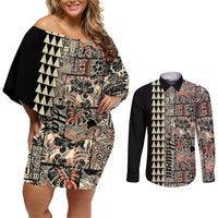 Hawaiian Quilt Couples Matching Off Shoulder Short Dress and Long Sleeve Button Shirt Hibiscus Kakau Vintage Style - Wonder Print Shop