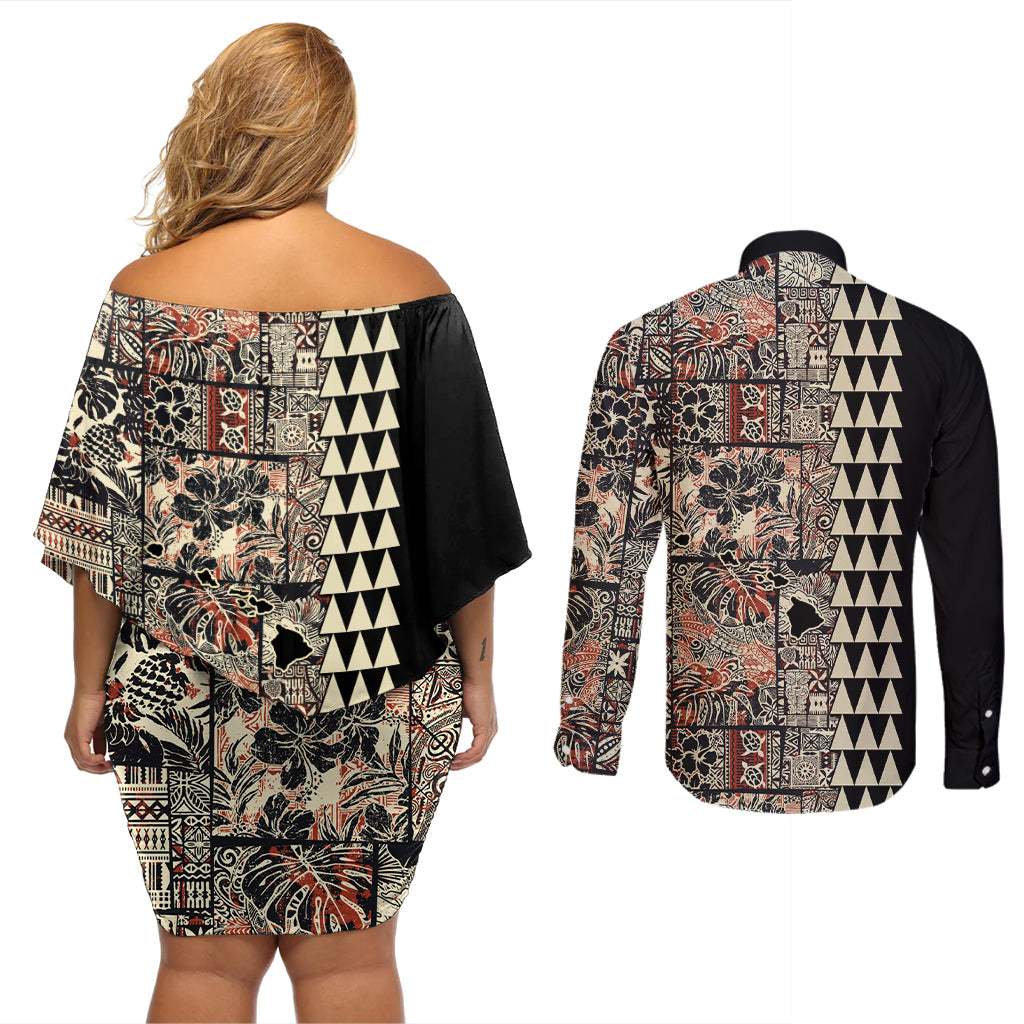 Hawaiian Quilt Couples Matching Off Shoulder Short Dress and Long Sleeve Button Shirt Hibiscus Kakau Vintage Style - Wonder Print Shop