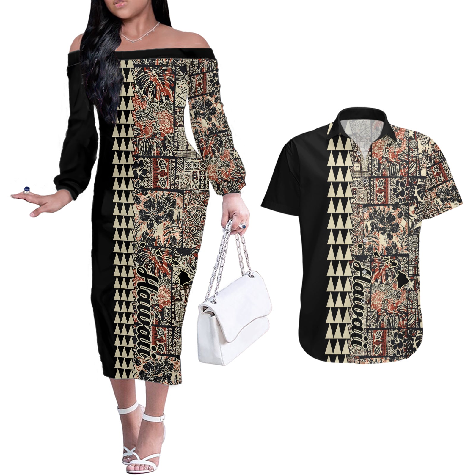 Hawaiian Quilt Couples Matching Off The Shoulder Long Sleeve Dress and Hawaiian Shirt Hibiscus Kakau Vintage Style - Wonder Print Shop