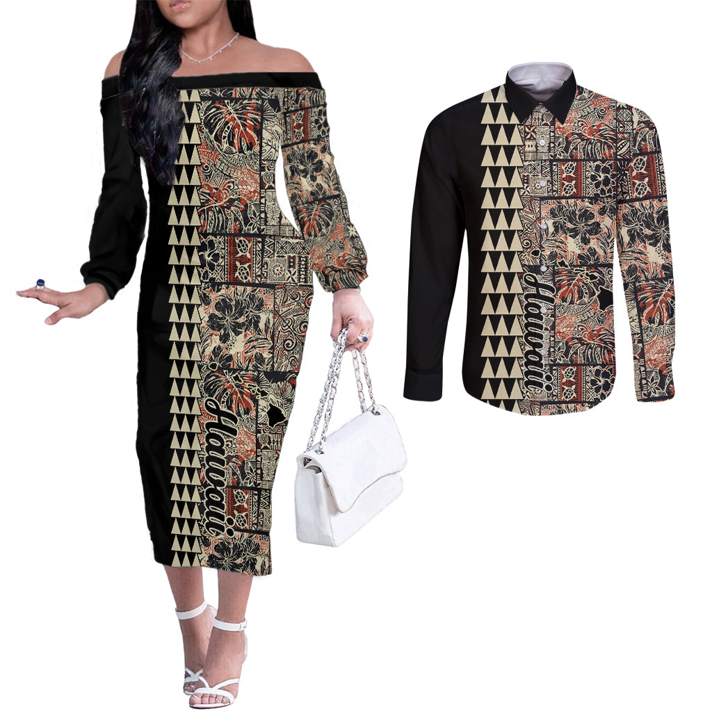 hawaiian-quilt-couples-matching-off-the-shoulder-long-sleeve-dress-and-long-sleeve-button-shirt-hibiscus-kakau-vintage-style