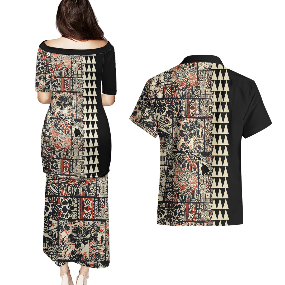 Hawaiian Quilt Couples Matching Puletasi Dress and Hawaiian Shirt Hibiscus Kakau Vintage Style - Wonder Print Shop