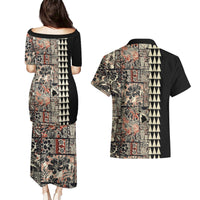 Hawaiian Quilt Couples Matching Puletasi Dress and Hawaiian Shirt Hibiscus Kakau Vintage Style - Wonder Print Shop