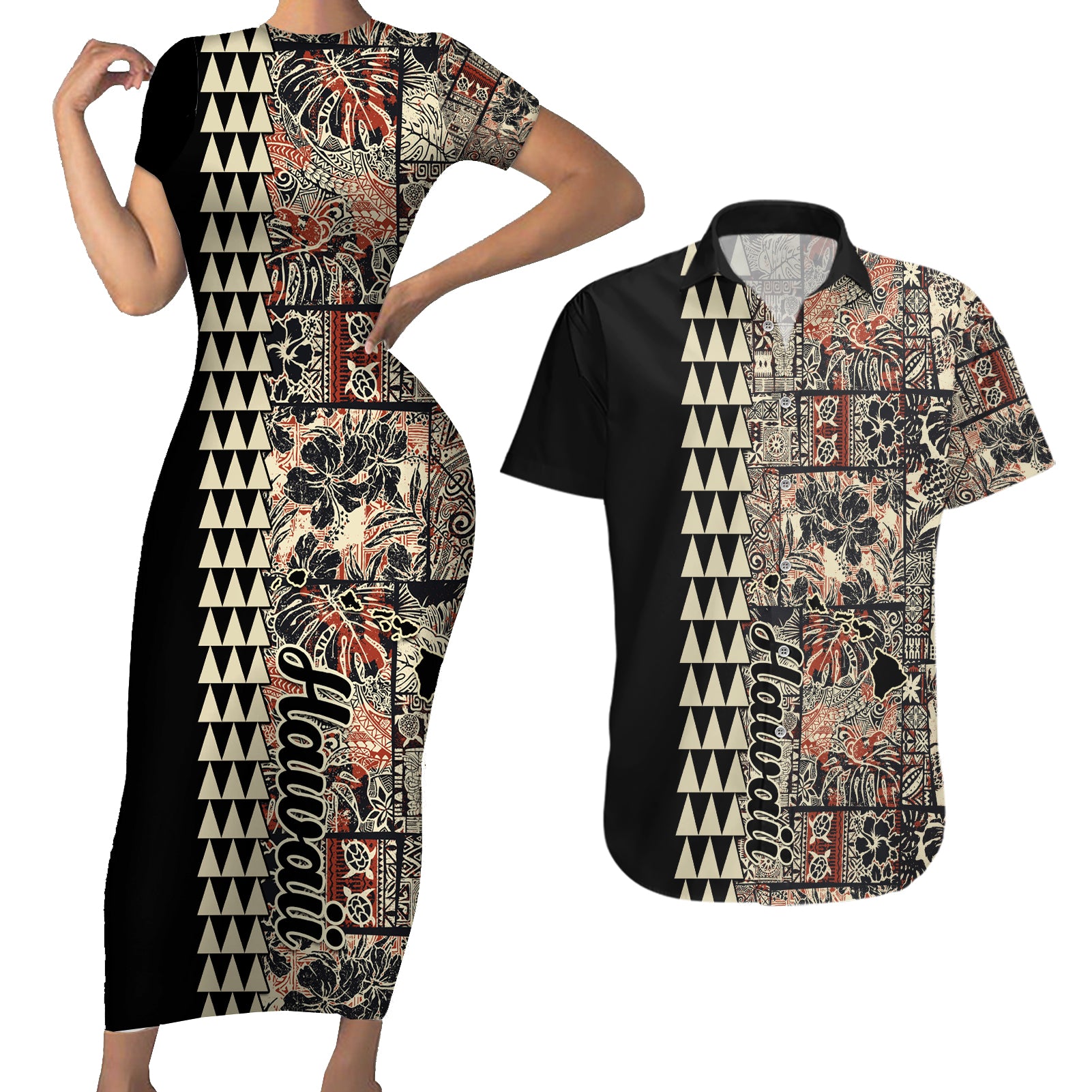 Hawaiian Quilt Couples Matching Short Sleeve Bodycon Dress and Hawaiian Shirt Hibiscus Kakau Vintage Style - Wonder Print Shop
