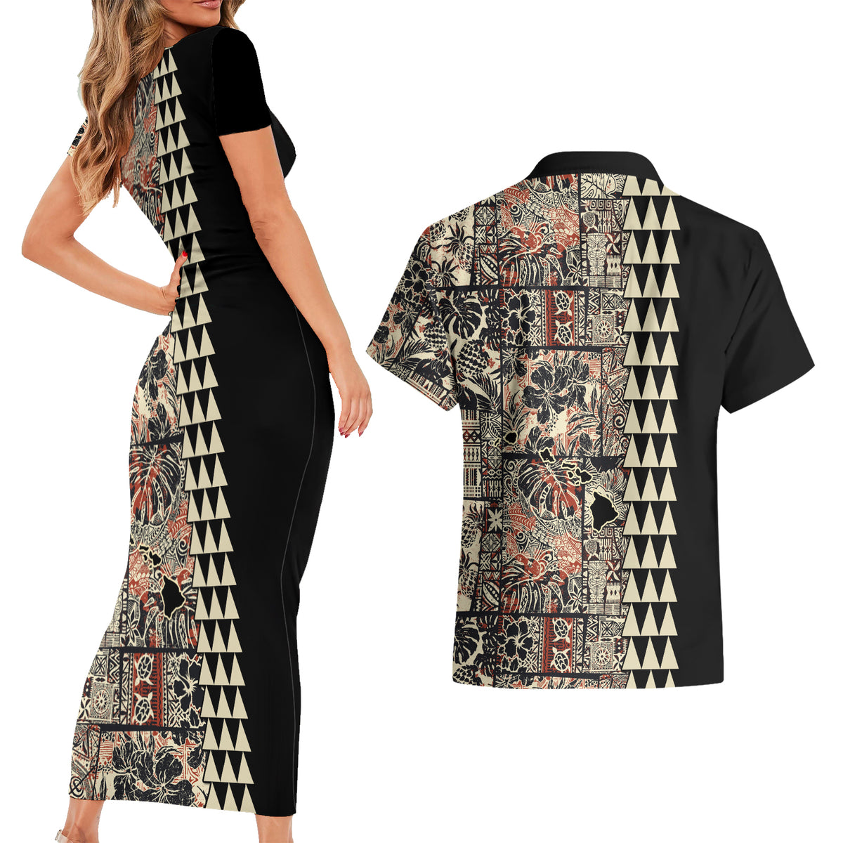 Hawaiian Quilt Couples Matching Short Sleeve Bodycon Dress and Hawaiian Shirt Hibiscus Kakau Vintage Style - Wonder Print Shop