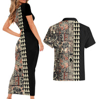 Hawaiian Quilt Couples Matching Short Sleeve Bodycon Dress and Hawaiian Shirt Hibiscus Kakau Vintage Style - Wonder Print Shop