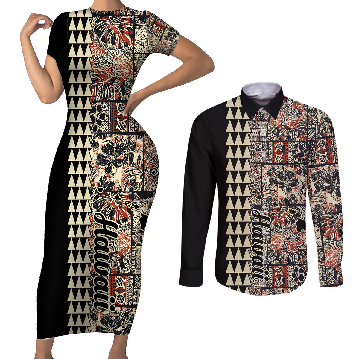 Hawaiian Quilt Couples Matching Short Sleeve Bodycon Dress and Long Sleeve Button Shirt Hibiscus Kakau Vintage Style - Wonder Print Shop