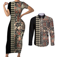 Hawaiian Quilt Couples Matching Short Sleeve Bodycon Dress and Long Sleeve Button Shirt Hibiscus Kakau Vintage Style - Wonder Print Shop