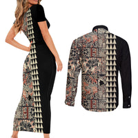 Hawaiian Quilt Couples Matching Short Sleeve Bodycon Dress and Long Sleeve Button Shirt Hibiscus Kakau Vintage Style - Wonder Print Shop