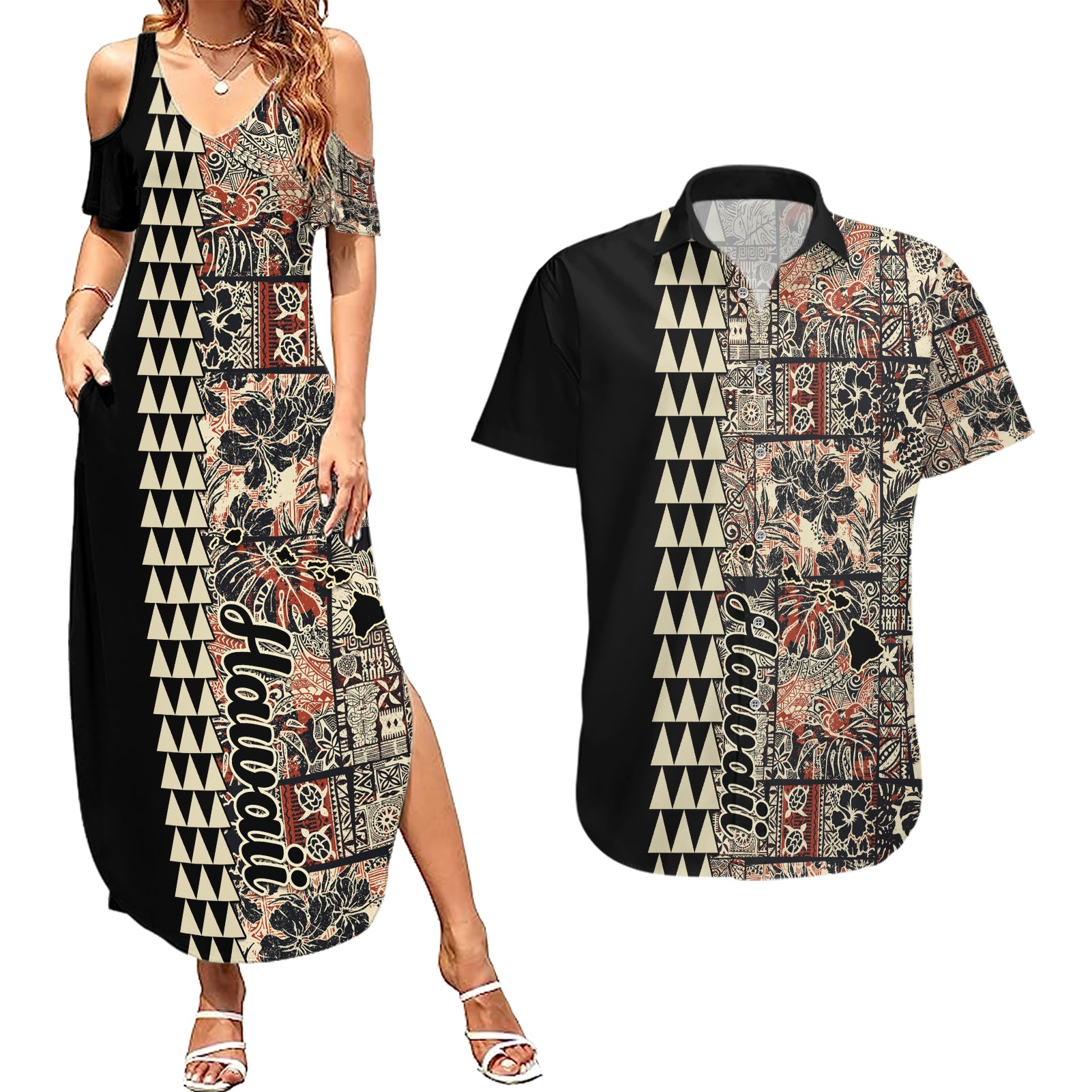 Hawaiian Quilt Couples Matching Summer Maxi Dress and Hawaiian Shirt Hibiscus Kakau Vintage Style - Wonder Print Shop