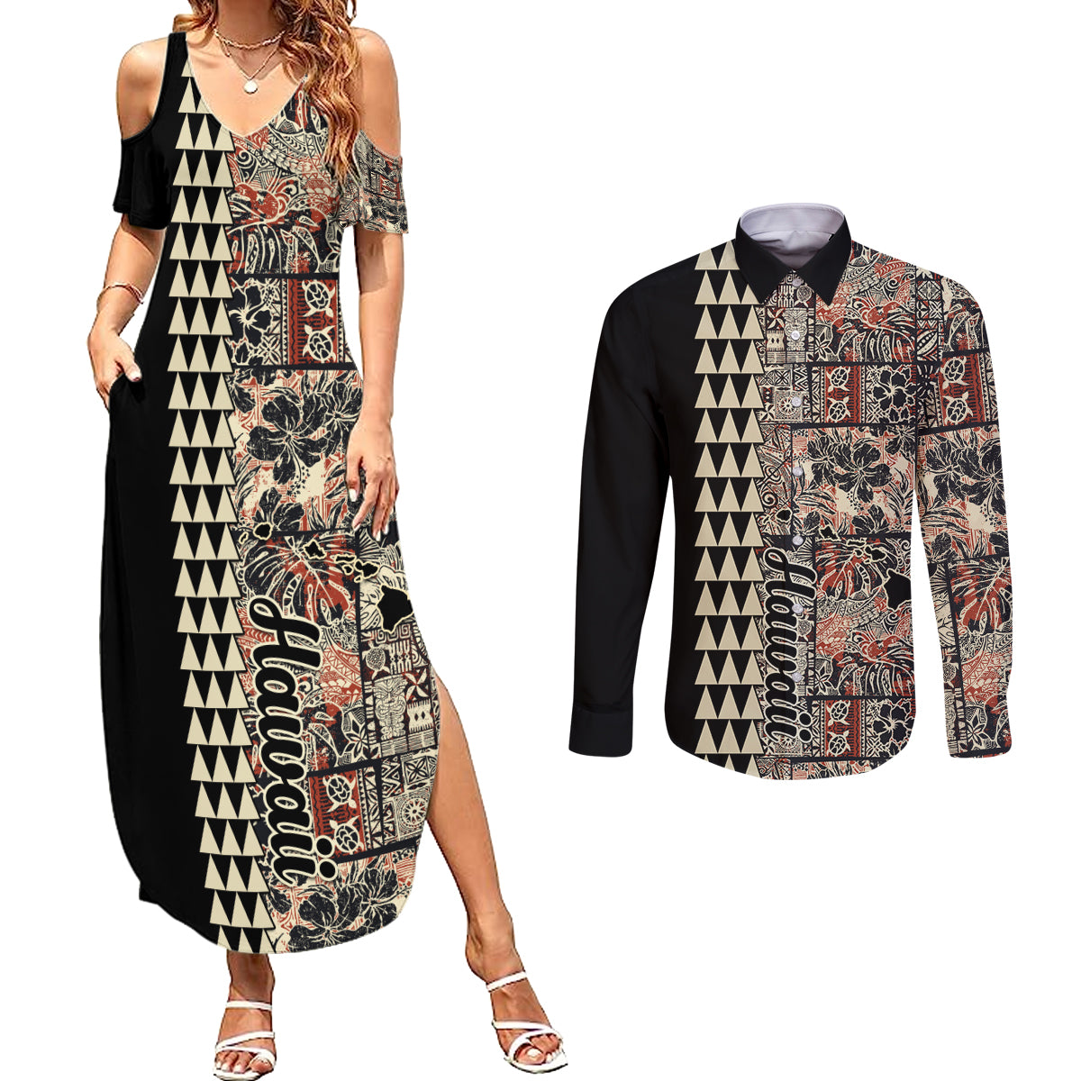 Hawaiian Quilt Couples Matching Summer Maxi Dress and Long Sleeve Button Shirt Hibiscus Kakau Vintage Style - Wonder Print Shop