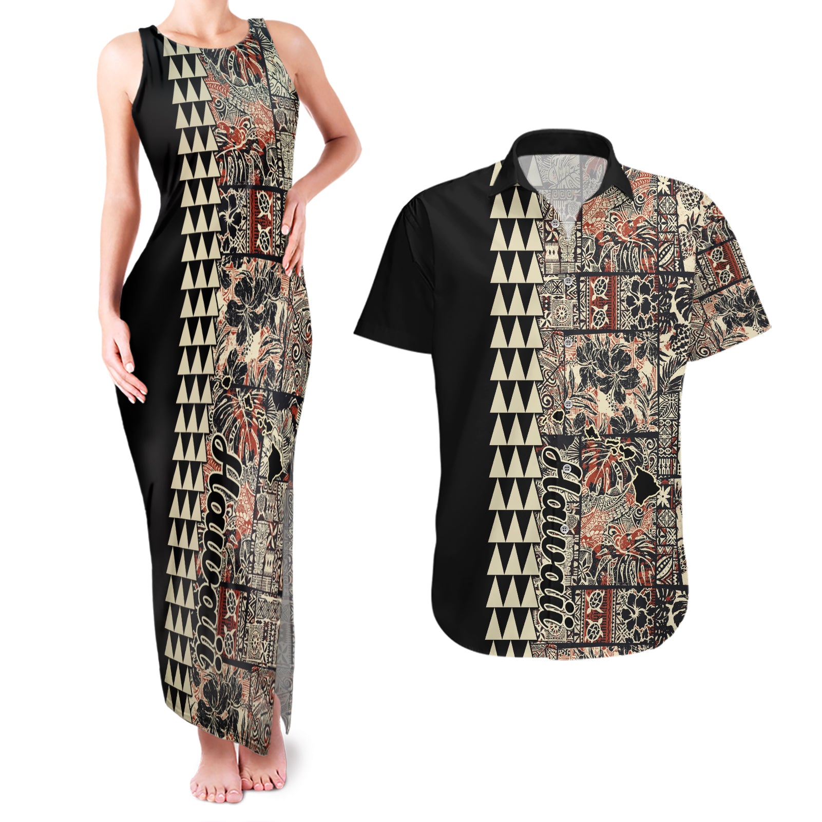 Hawaiian Quilt Couples Matching Tank Maxi Dress and Hawaiian Shirt Hibiscus Kakau Vintage Style - Wonder Print Shop