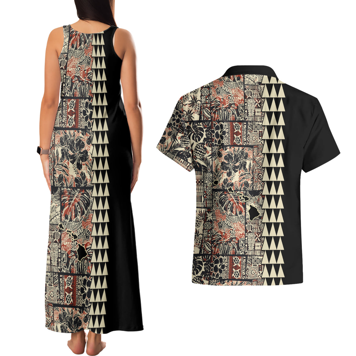 Hawaiian Quilt Couples Matching Tank Maxi Dress and Hawaiian Shirt Hibiscus Kakau Vintage Style - Wonder Print Shop